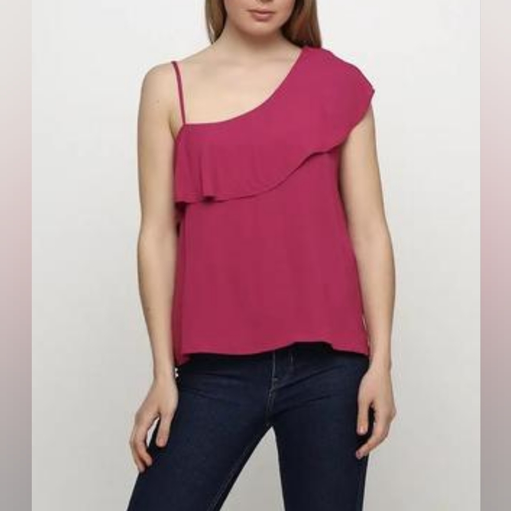 MASSIMO DUTTI Ruffled One Shoulder Top Asymmetric Sleeveless Pink Cami